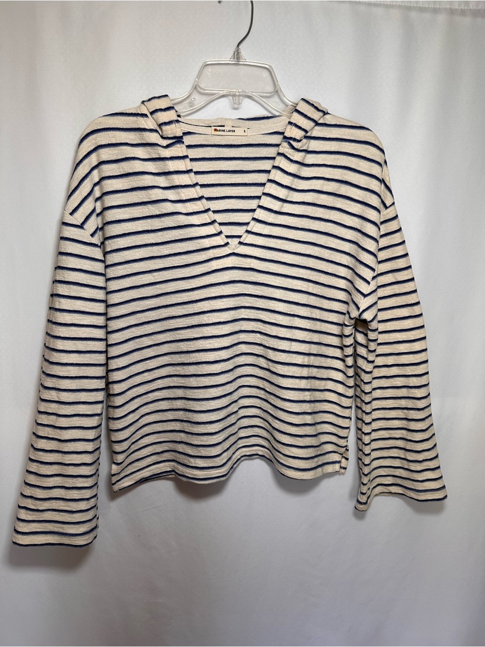 Marine Layer Striped V-Neck Hoodie Cream Blue Knit‎ Nautical Beach S
